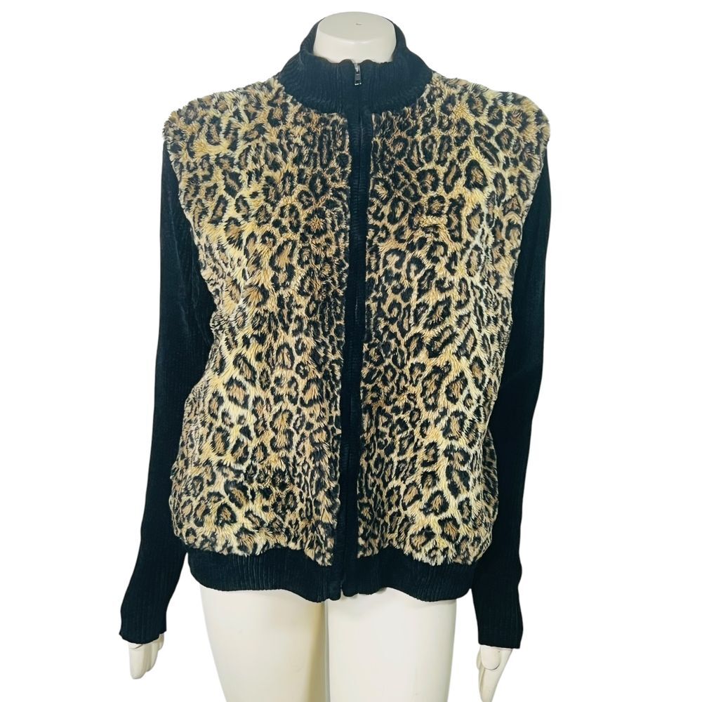 VTG Leopard Faux Fur Zip Up Cardigan‎ Sweater Lisa International Old Money Mob